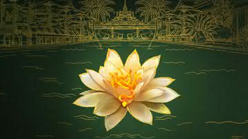 Image promotionnelle de la série : un dessin d'une fleur de lotus, sur fond d'illustration orientaliste évoquant des pagodes Thaïlandaises.